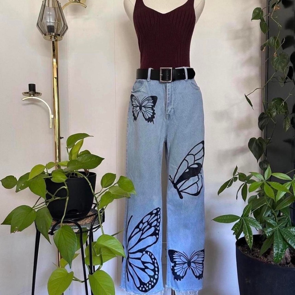 Simple Society Butterfly Print Wide Leg Jeans Light Blue High Waist Raw Hem 11
